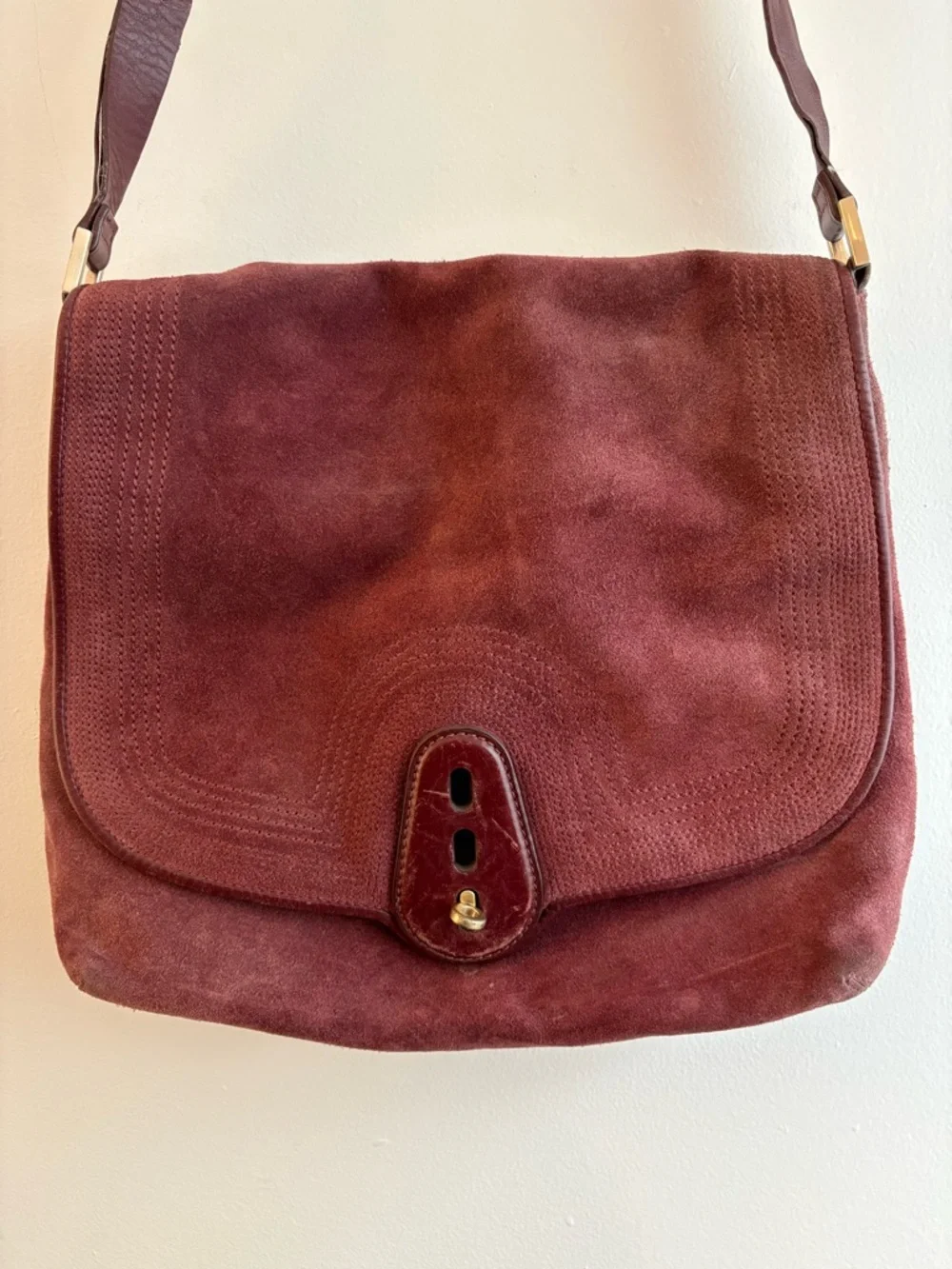 Cole Haan burgundy suede messenger bag with gold hardware